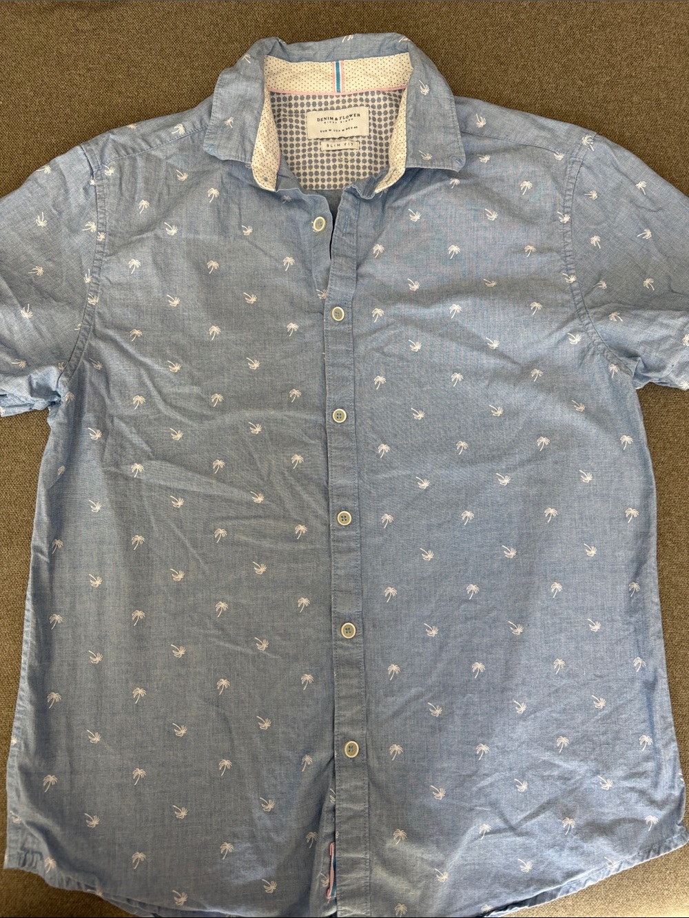Denim & Flower Light Blue Palm Tree Short Sleeve Button-Down Shirt